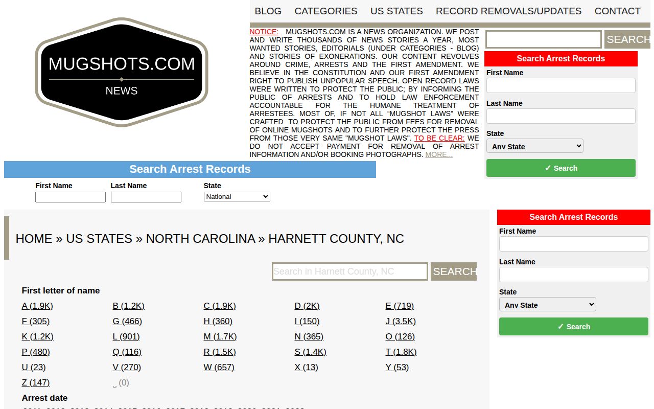 Unofficial Harnett County secondary booking records index