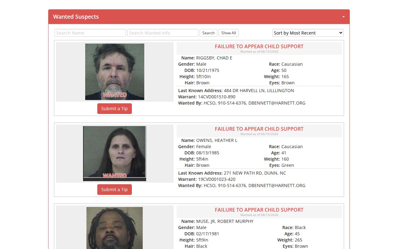 Harnett County Sheriff linked wanted persons list